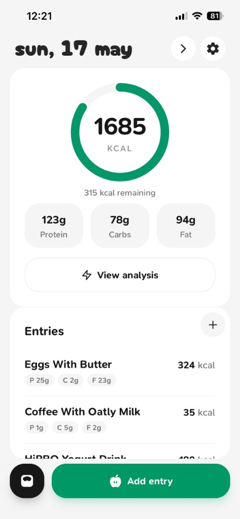Gobble daily calorie log screen